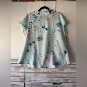 🌸 Emery Rose Floral Mock Neck Blouse 1XL Pastel Blue Pink Short Sleeve Top